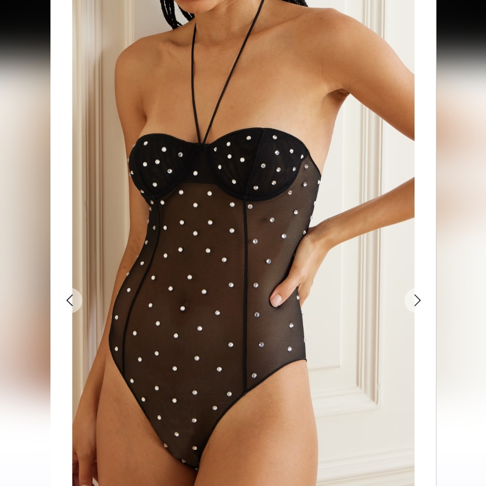 BB2. NWT OSEREE GEM CRYSTAL EMBELLISHED STRETCH TULLE HALTERNECK BODYSUIT